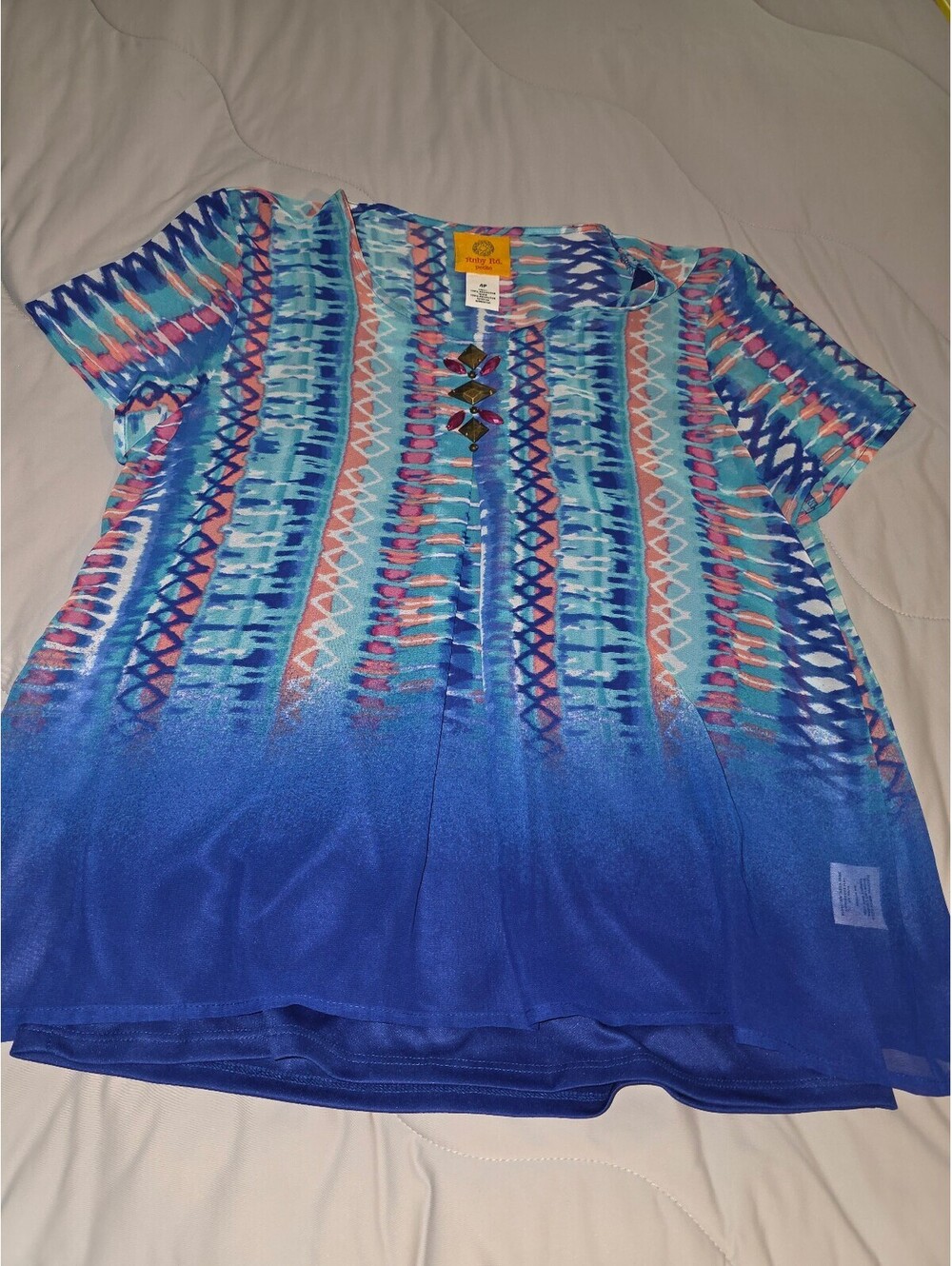 Ruby Rd. Women's Size 4P  Multicolor Semi Sheer Accented Short Sleeve Lined Top